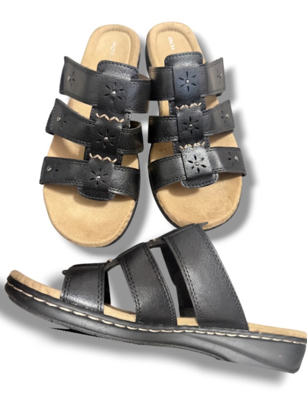 Solanz Sandals Women’s Karen Black Faux Leather Hook & Loop Straps